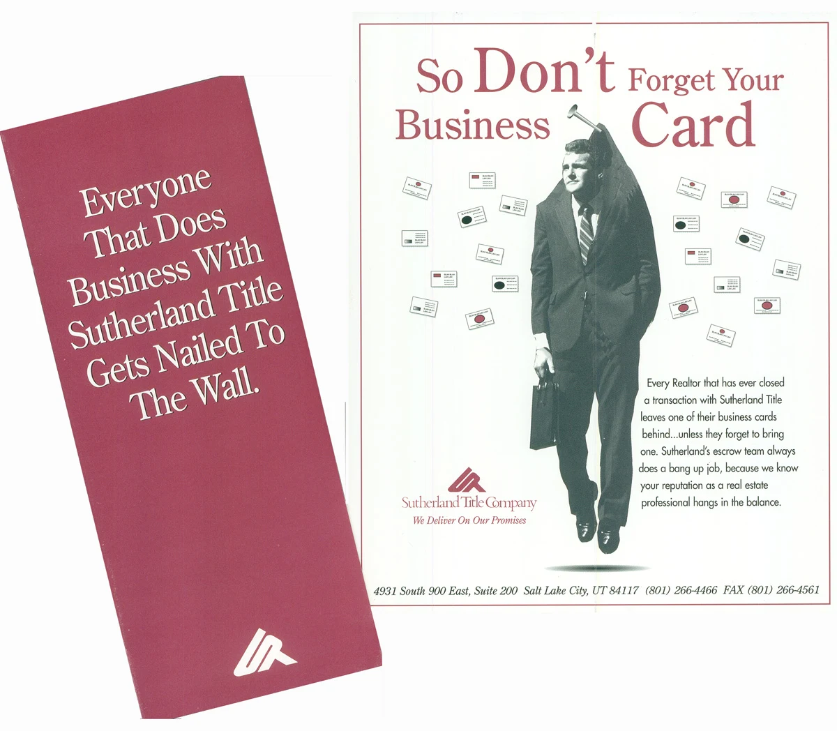 Red-and-white flyer showing a man suspended against a wall surrounded by business cards.