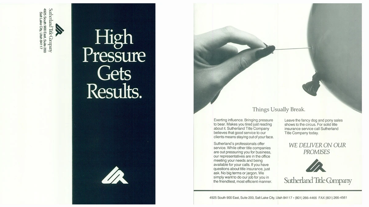 Black-and-white flyer showing a pin pressed against a balloon, with the line “Things Usually Break.”