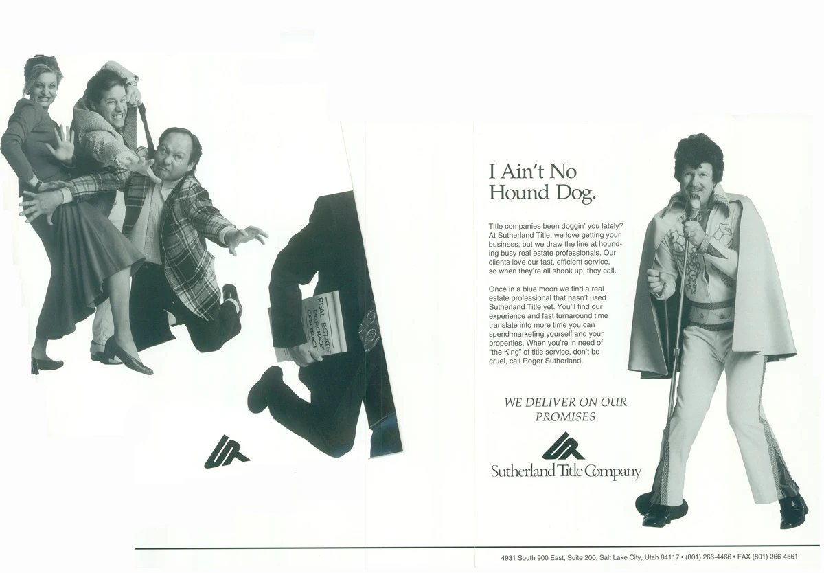 Black-and-white flyer with people posing in an Elvis-style costume beside a guitar case.