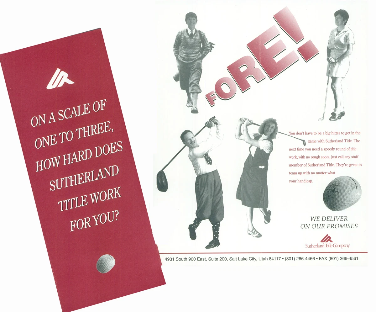 Red-and-white golf-themed flyer with people holding clubs, a golf ball, and the word “FORE!”