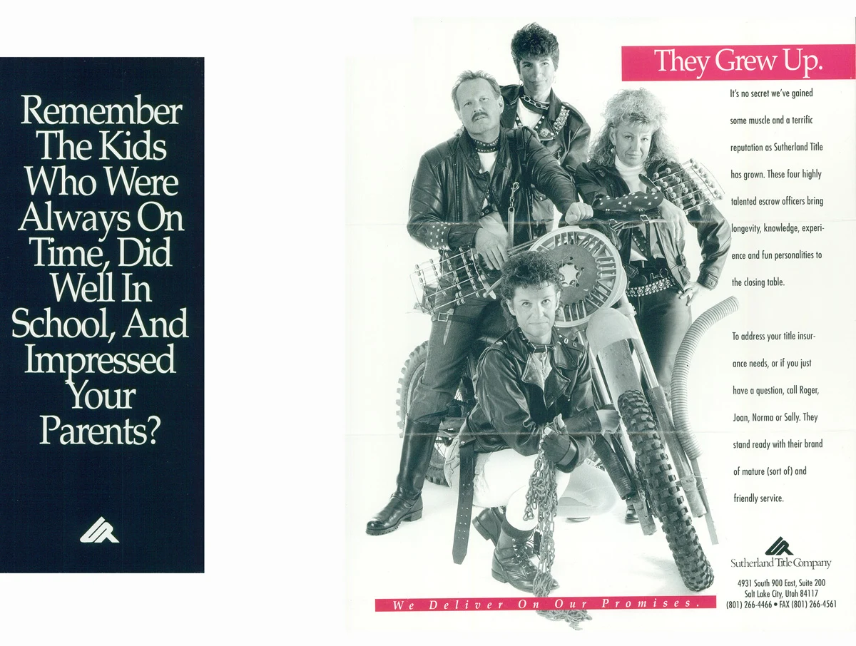 Black-and-white flyer with red accents showing four people in leather jackets posing with a motorcycle.
