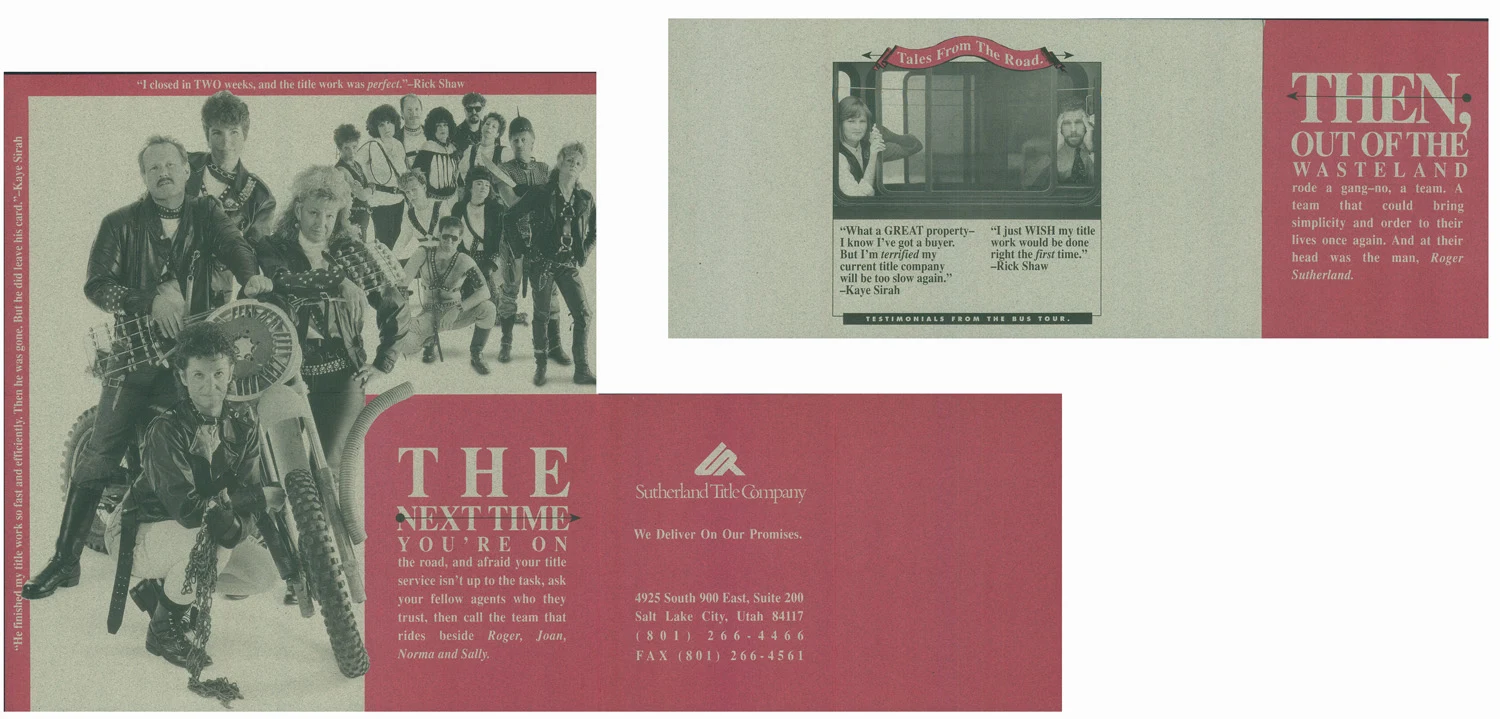 Wide red-and-black flyer with a group dressed in road-warrior costumes and several printed panels.